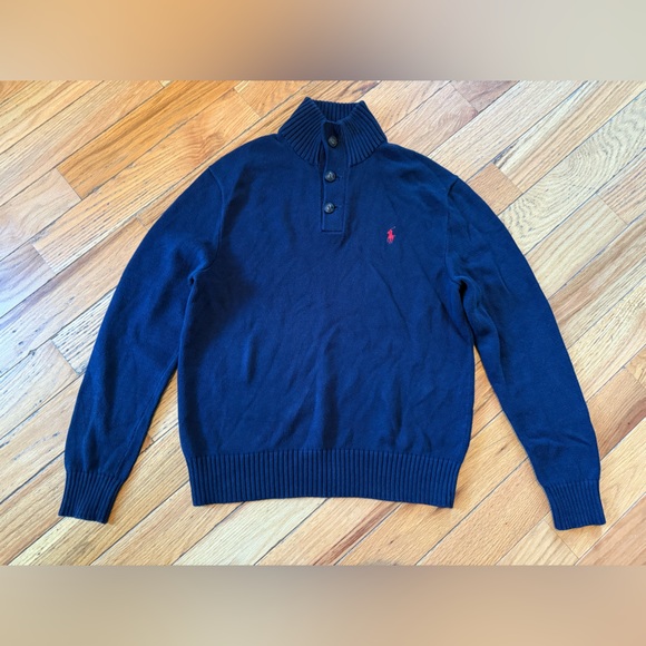 Polo Ralph Lauren Henley Sweater Men’s Size M Navy Blue Preppy 3 Button Neck - Picture 1 of 10